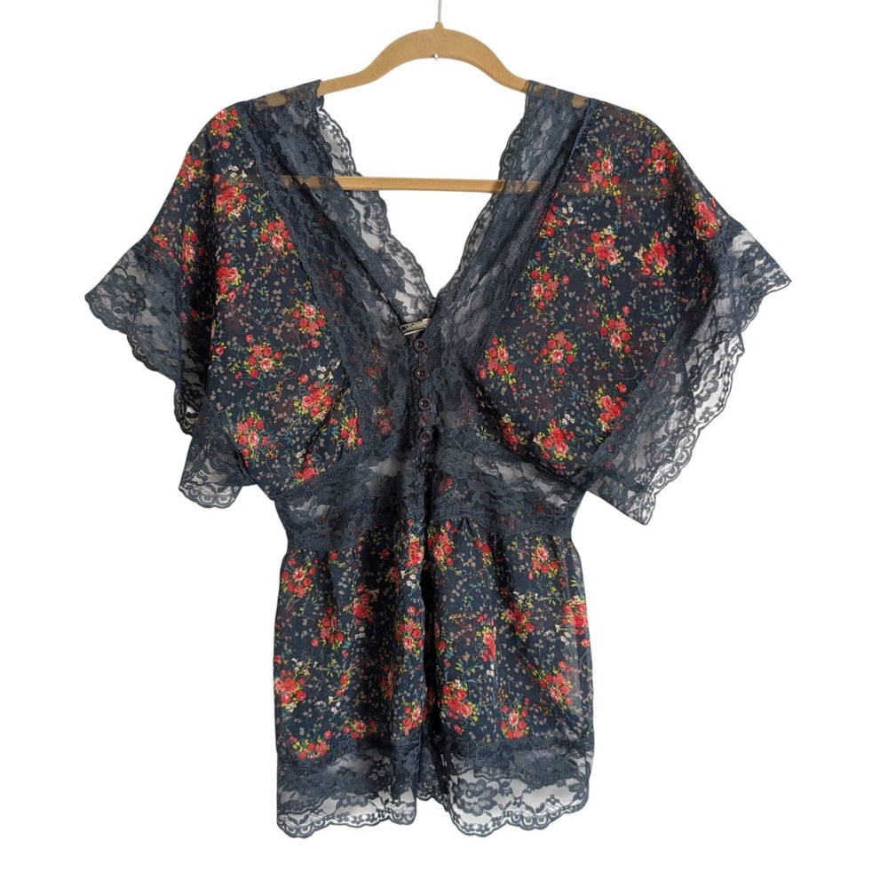 Passport Vintage Y2K Whimsigoth Cottage Chic Lace Floral Sheer Button Up Blouse